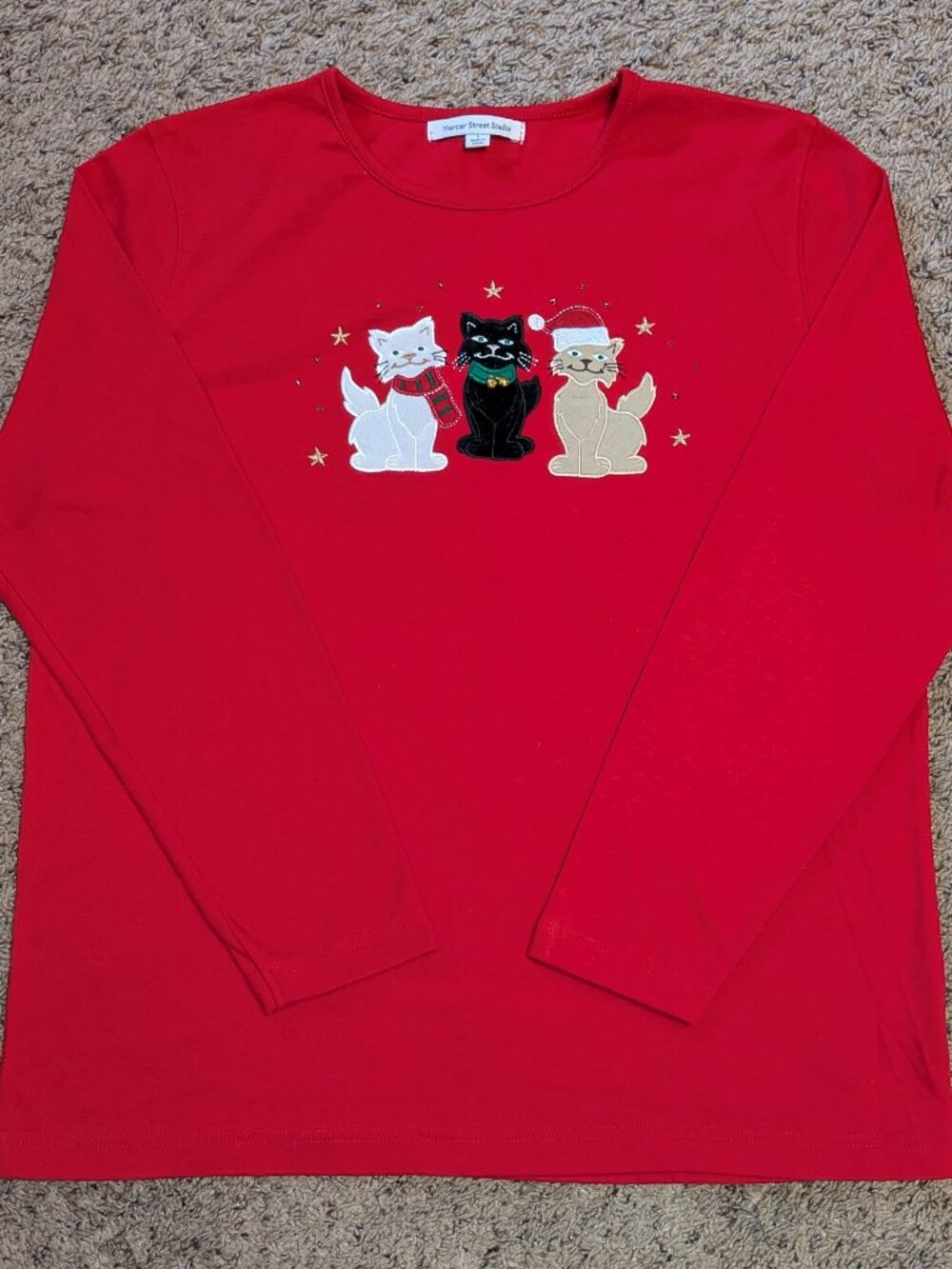 Mercer Street Studio Cat Christmas Long Sleeve With Bells Red Large Y2K